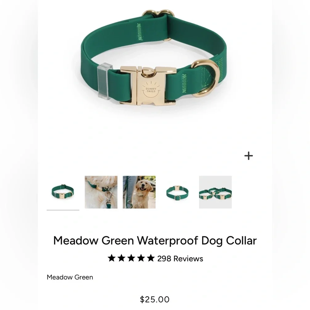 Sunny Tails Meadow Green Waterproof Dog Collar Medium Gold Buckle Adjustable NEW